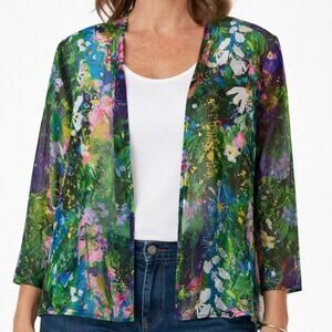 Shana Sz Large Open Front Vibrant Floral Wearable Art Tropical Blouse Shirt Top